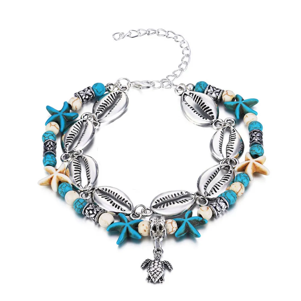 Handmade beaded turtle double layer anklet