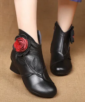 Handmade Black Floral Splicing Chunky Boots ML1730