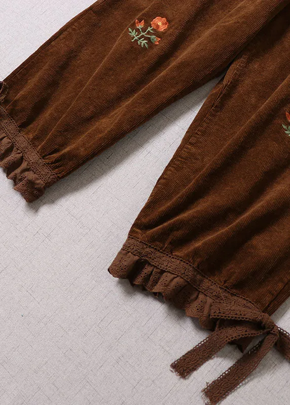 Handmade Chocolate Embroideried Lace Patchwork Corduroy Pants Winter