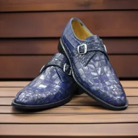 Handmade Genuine Alligator Embossed Leather Monk Strap Shoes Gift for Men