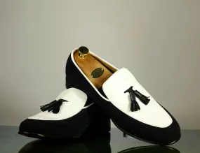 Handmade Men's Black White Tassel Loafer Shoes, Men Leather Corduroy Designer Dress Shoes