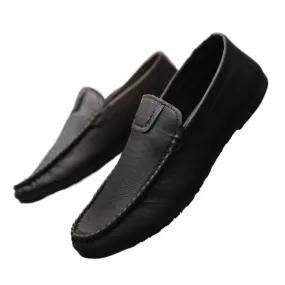 Handmade men's flat bottom low top casual comfortable round head loafers platform soles men's shoes leather shoes soft sole one pedal