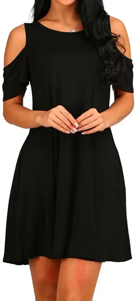 HAOMEILI Short Sleeve Women's Cold Shoulder with Pockets Casual Swing T-Shirt Dresses