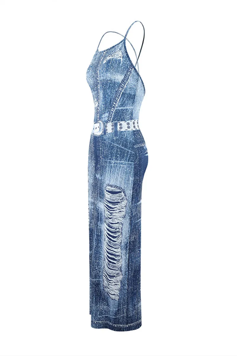 HBP3054 Denim Print Maxi Dress