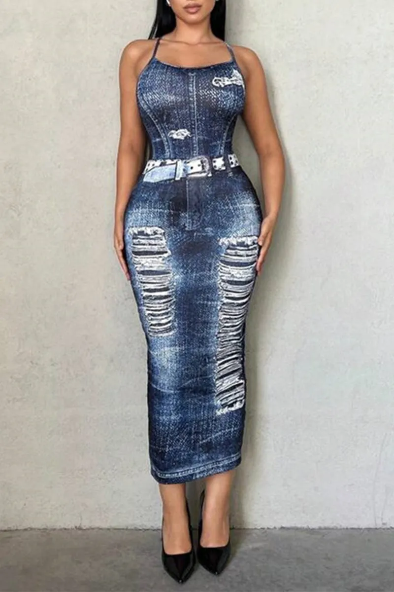 HBP3054 Denim Print Maxi Dress