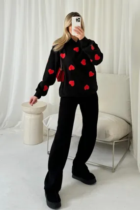 Heart black printed relaxed hoodie