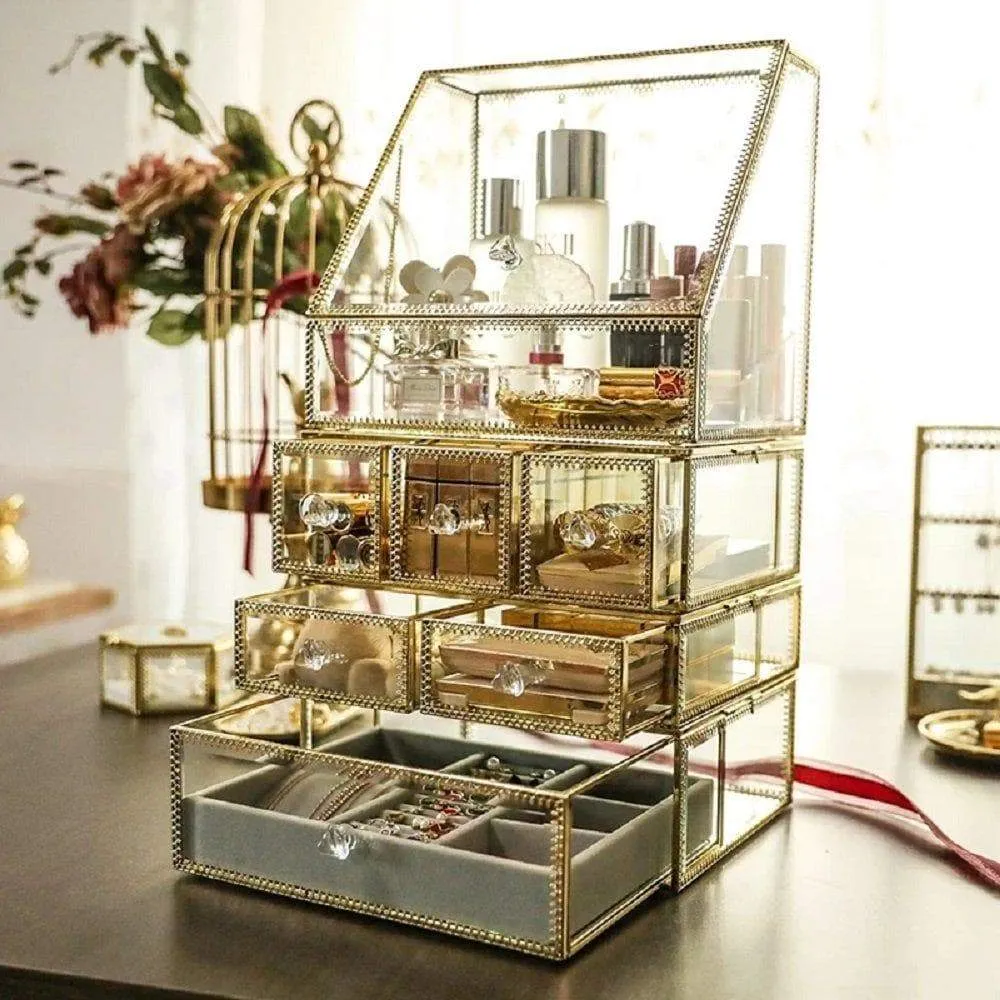 Hersoo Large Mirror Glass Top Dresser Make Up Organizer Jewelry &Cosmetic Display, Stackable Cube 6 Drawers Set Dresser Storage for Vanity with Lid,Bathroom Accessories Brushes Container (3drawerg)