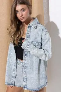 HIGH LUXURY EMBELLISHED SPARKLE STONE STRIPE BOYFRIEND DENIM JACKET