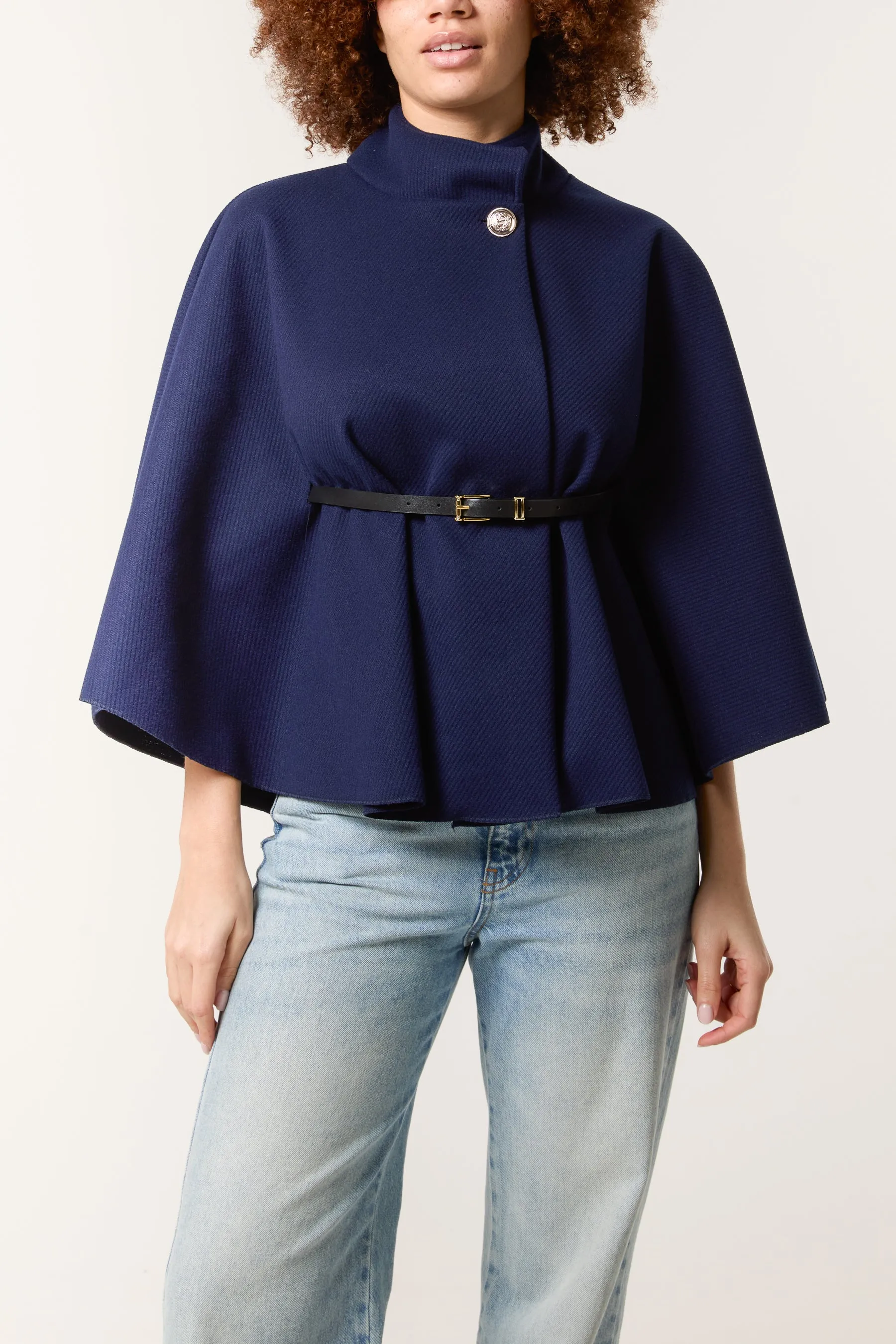 High Neck Wool Like Belted Cape