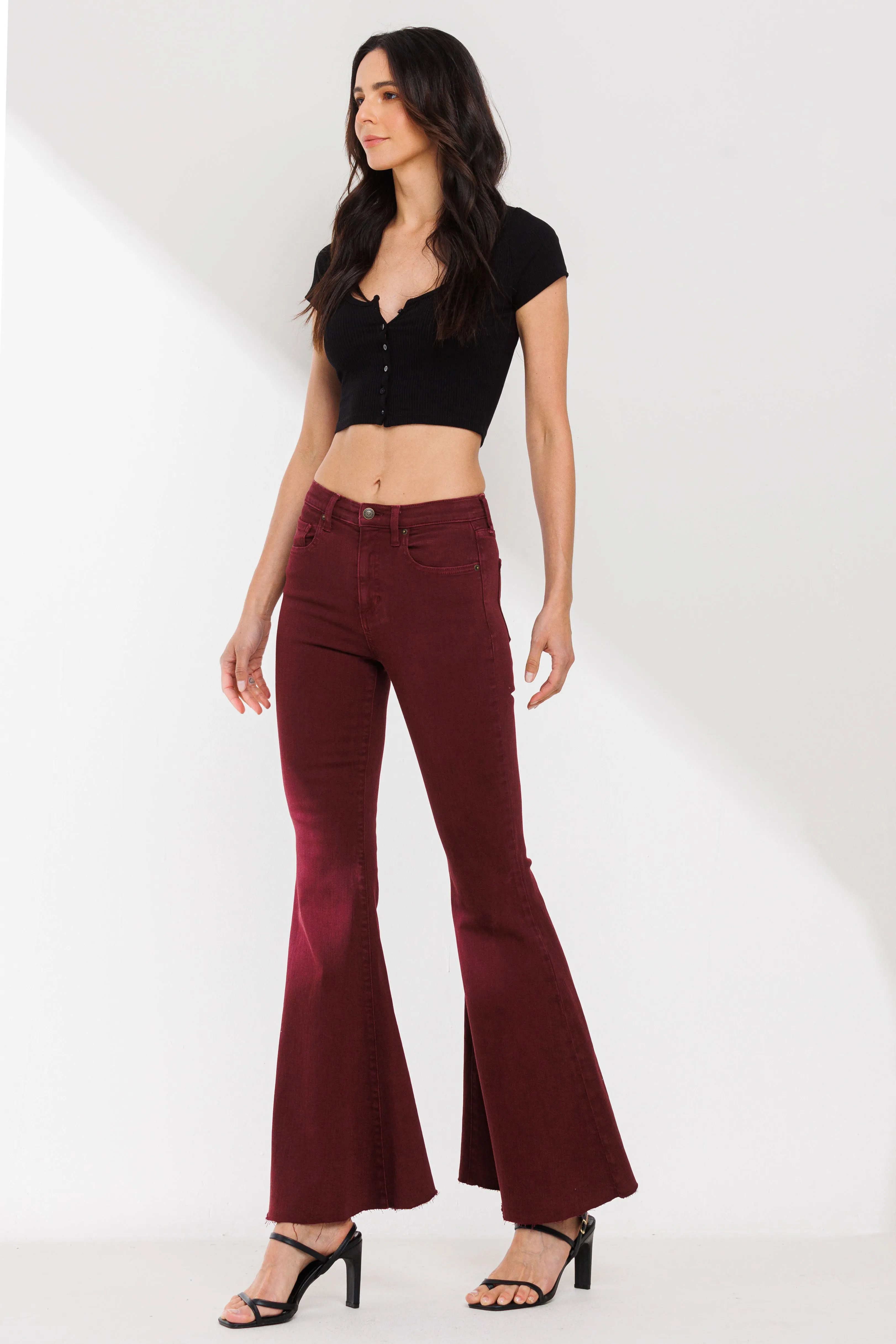 HIGH RISE RED WINE COLOR FLARE JEANS WITH RAW CUT HEM / SP-P12257RW