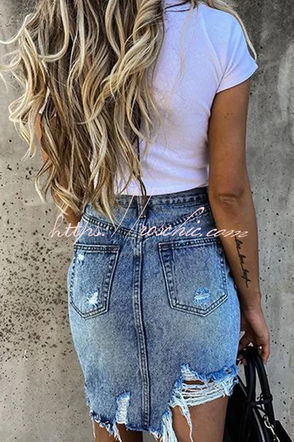 High Waist Ripped Irregular Denim Skirt