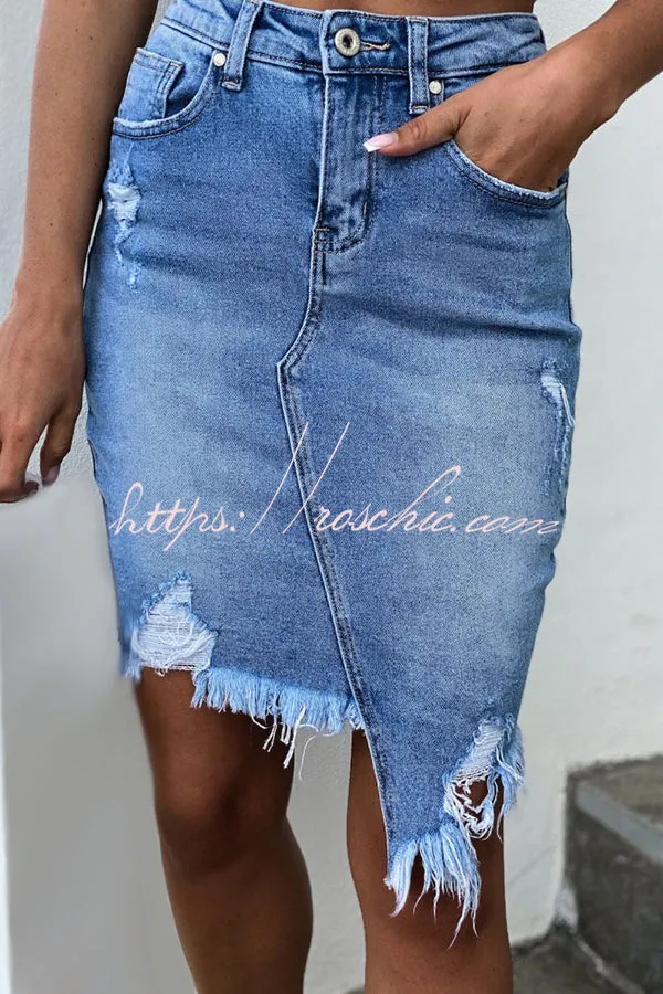 High Waist Ripped Irregular Denim Skirt