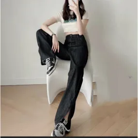 High Waisted Bottom Slit Boyfriend Jeans