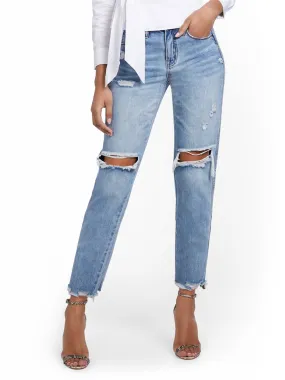 High-Waisted Distressed Dream Boyfriend Ankle Jeans - Medium Blue Wash