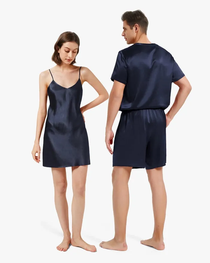 His & Hers Relaxed Silk Pajamas Navy Blue