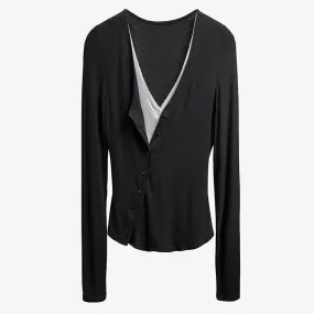 Hit Color Fake Two Sweater For Women V Neck Long Sleeve Patchwork Knitted Cardigans Female Autumn Fashion