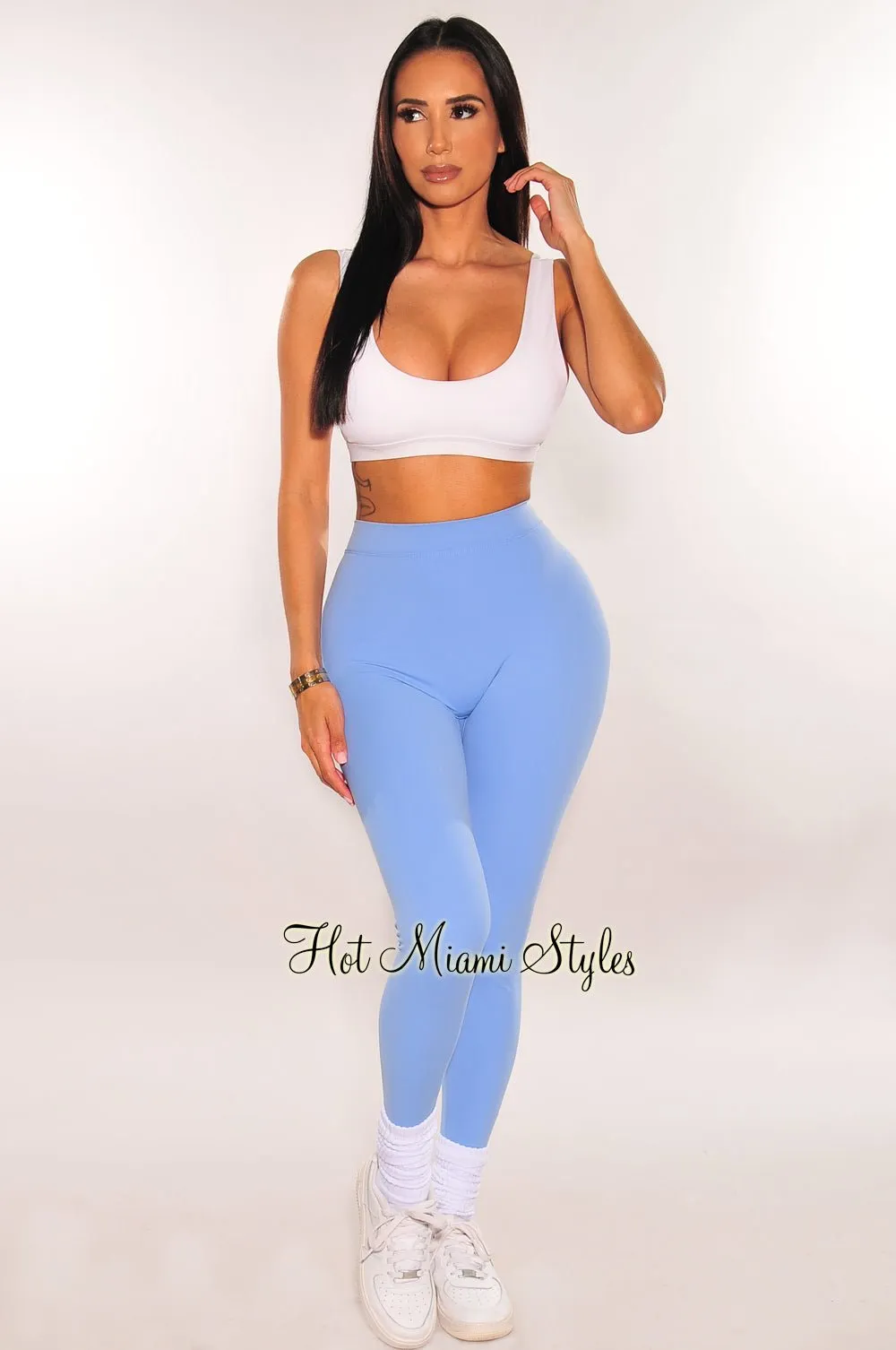 HMS Fit: Baby Blue Soft High Waist Scrunch Butt V Back Leggings
