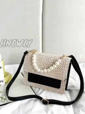 Hnewly - Faux Pearl Decor Flap Square Bag  - Women Satchels