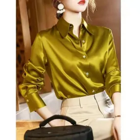 Hnzxzm 2024 Summer Trend Fashion Women's Casual Elegant Satin Long Sleeved Shirt Office Women's Shirts And Blouses Slim Femal Clothes
