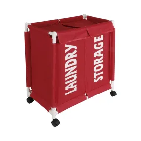 HOKIPO Oxford Fabric Laundry 2 Compartment Basket Trolley With Wheels - 65x61x35 cm, Red