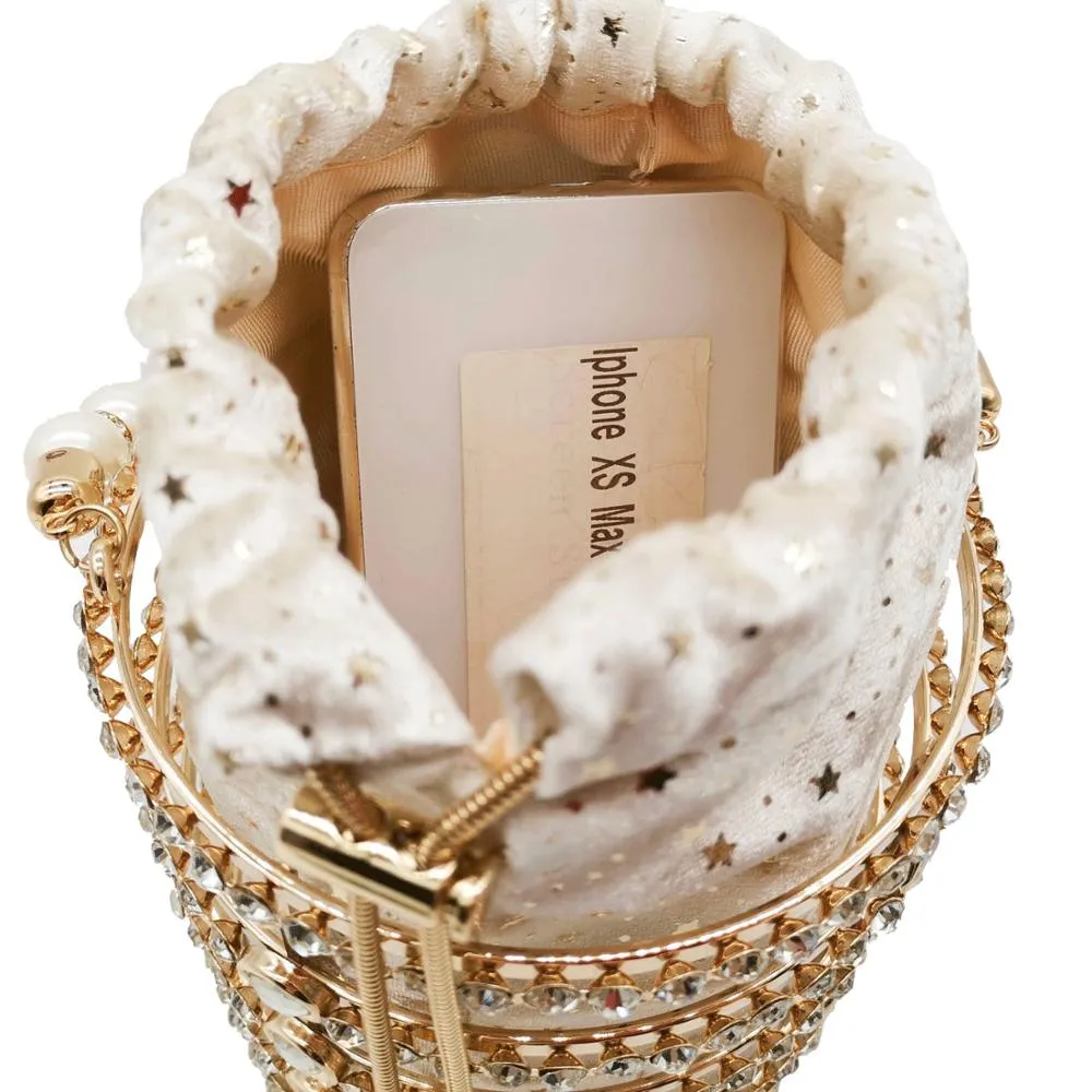 Hollow Out Pearl Bucket Evening Bag Women Luxury Designer Handmade Alloy Metallic Clutch Bag