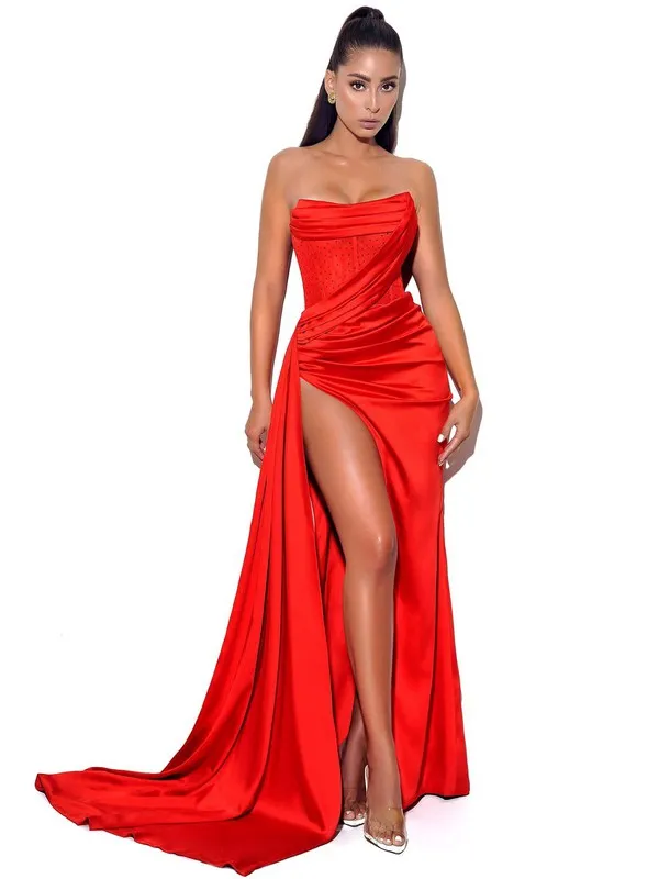 Holly Red Crystallized Corset High Slit Satin Gown Evening Dresses