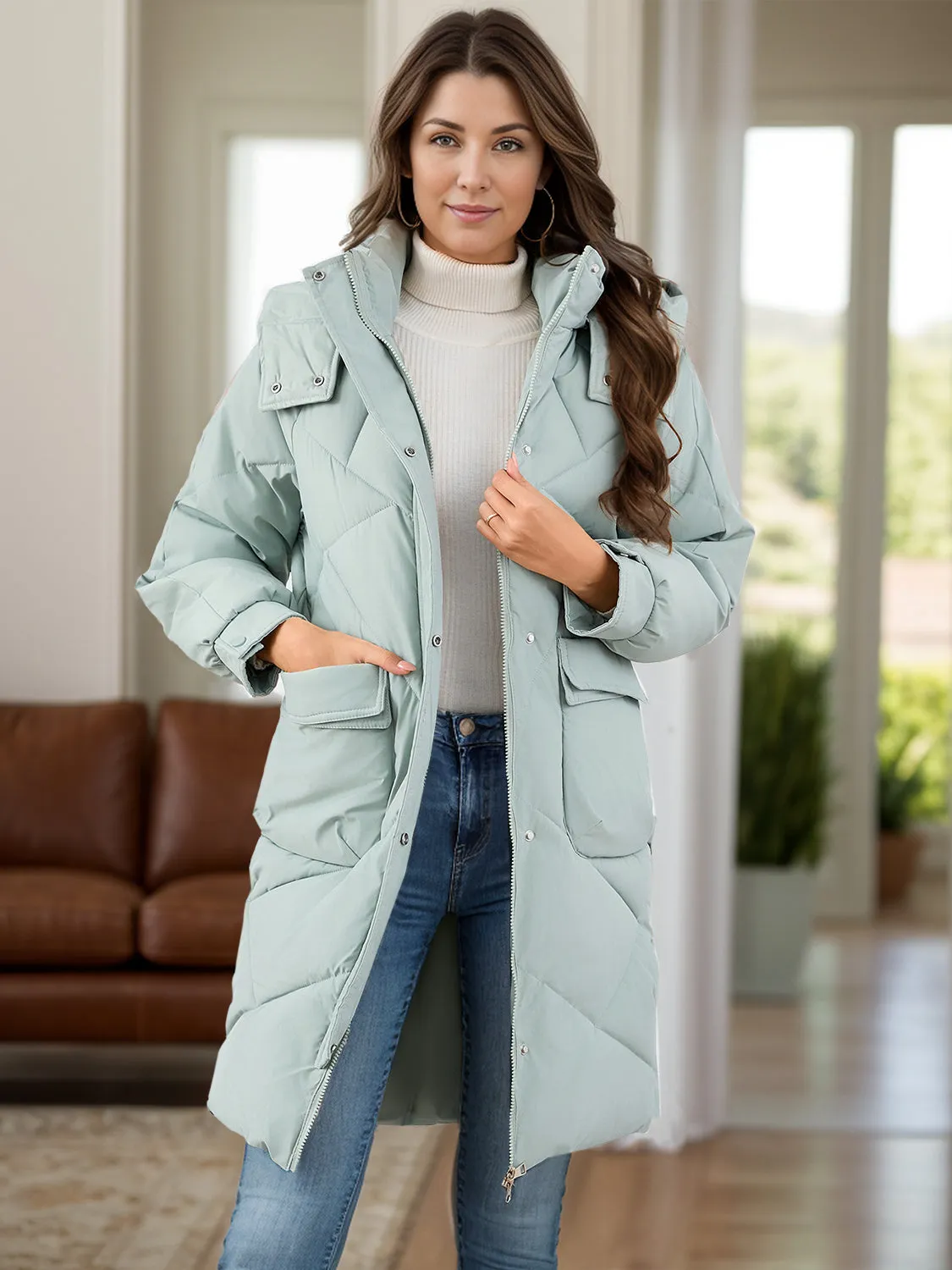 Hooded Longline Winter Coat with Long Sleeves and Pockets