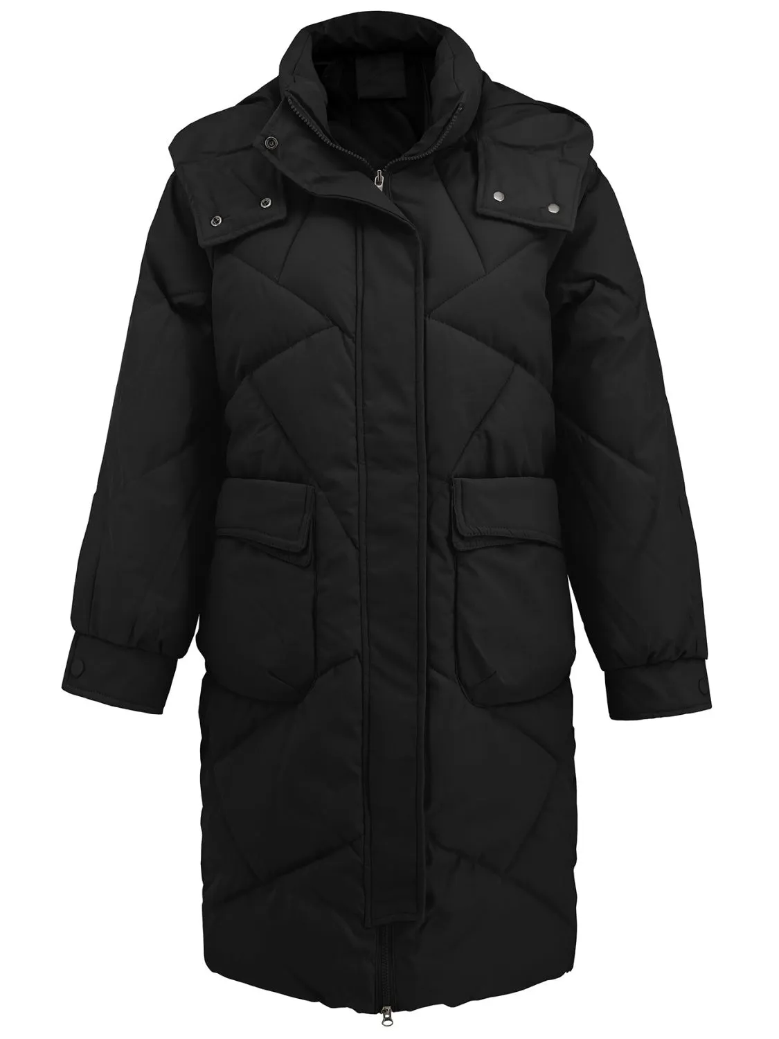 Hooded Longline Winter Coat with Long Sleeves and Pockets