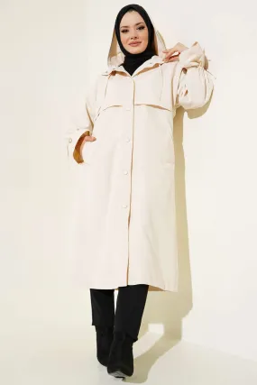 Hooded Snap Button Trench Coat - Beige