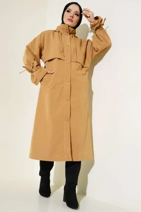 Hooded Snap Button Trench Coat - Camel