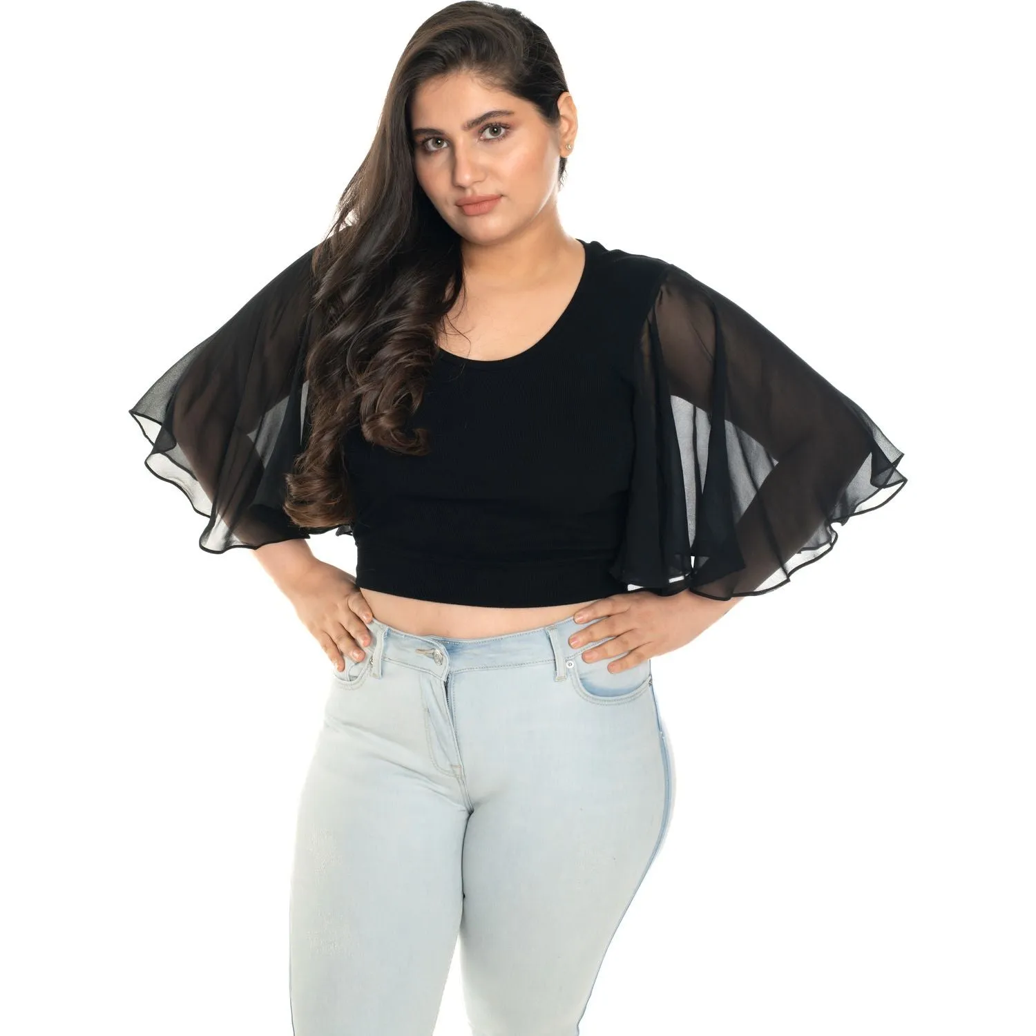 Hosiery Deep Neck Blouses - Butterfly Sleeves - Plus Size