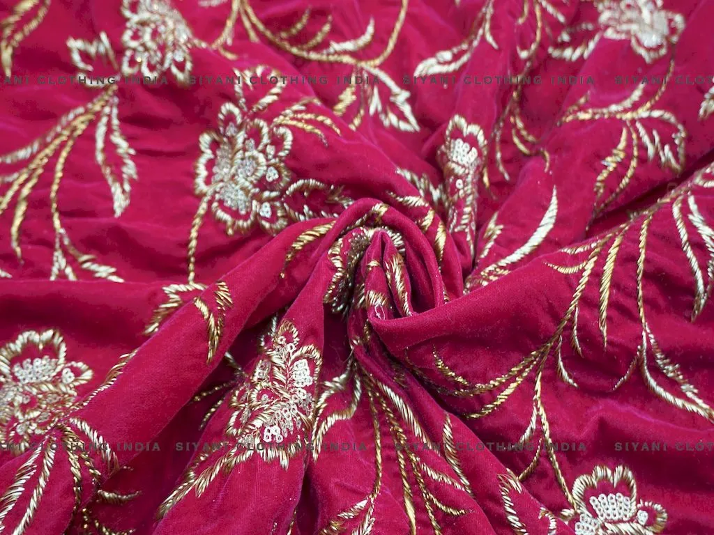 Hot Pink Zari And Sequins Embroidered Velvet Fabric