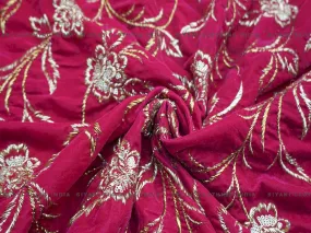 Hot Pink Zari And Sequins Embroidered Velvet Fabric