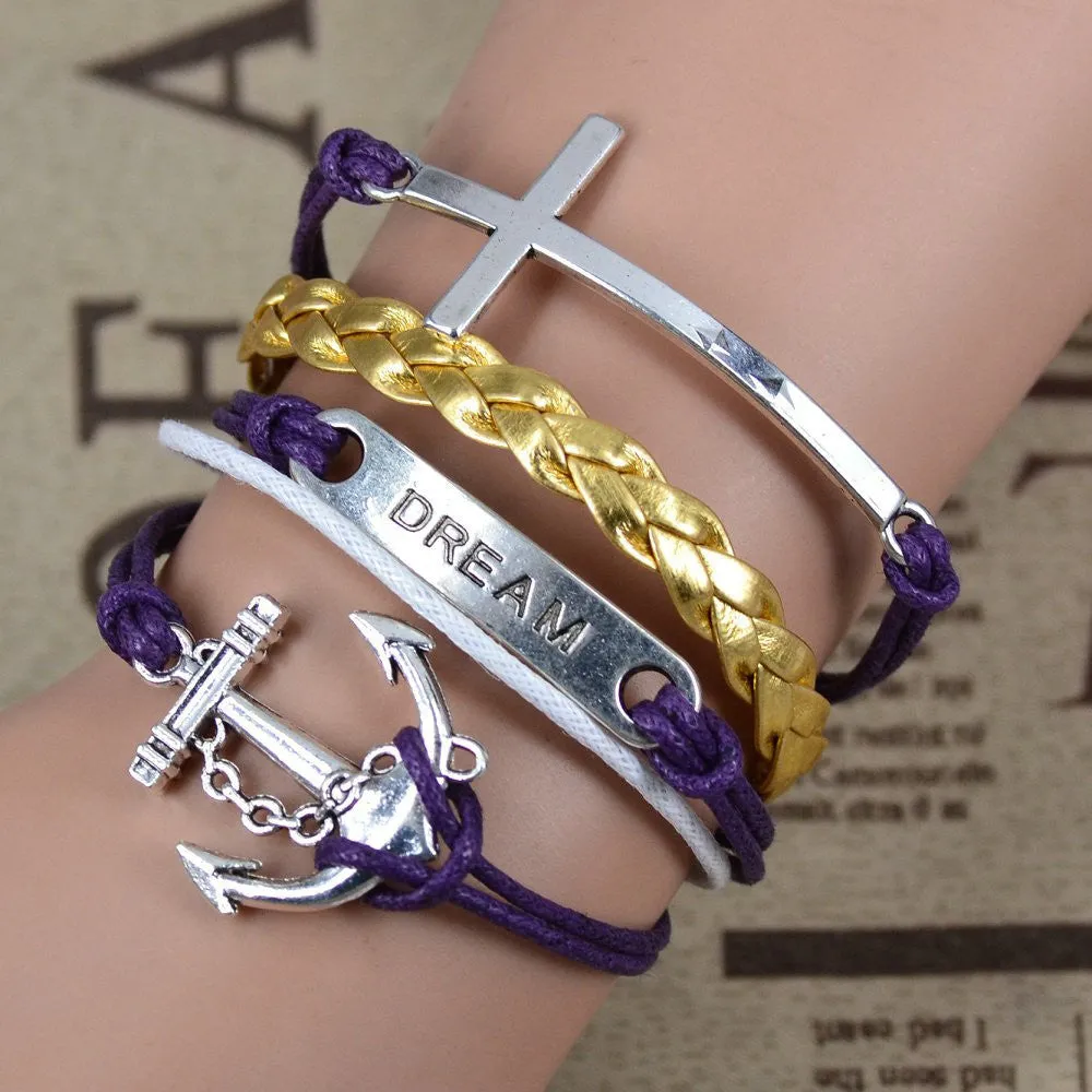 Hot Sale Women Vintage Anchors Rudder Rectangle Cross Leather Bracelet Multilayer Bracelets Hunger Games Charm Bracelet