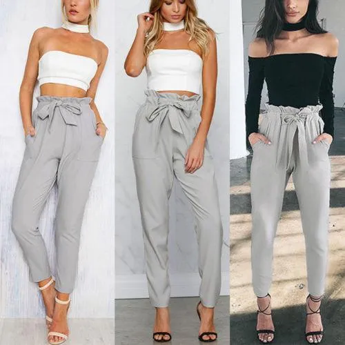 Hot Women High Waist Elastic Harem Pants Chiffon Office Lady Solid Pencil Trouser (US 4-14)