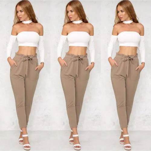 Hot Women High Waist Elastic Harem Pants Chiffon Office Lady Solid Pencil Trouser (US 4-14)