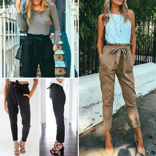 Hot Women High Waist Elastic Harem Pants Chiffon Office Lady Solid Pencil Trouser (US 4-14)