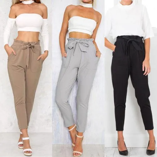 Hot Women High Waist Elastic Harem Pants Chiffon Office Lady Solid Pencil Trouser (US 4-14)