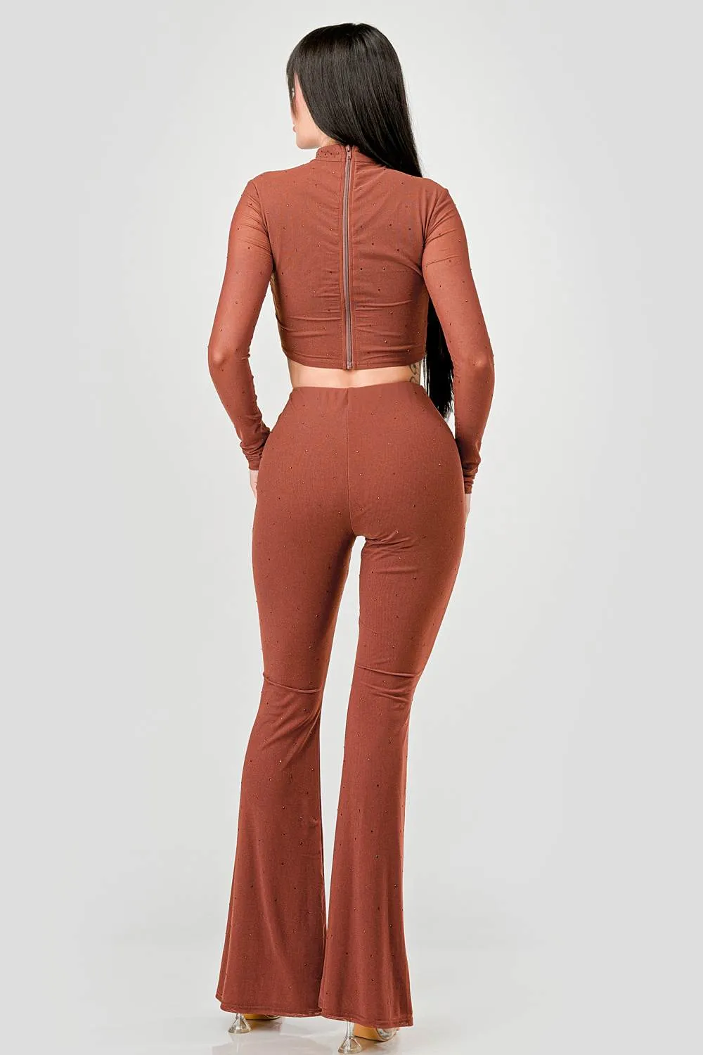 HOTFIX STONES MESH MOCK CROP TOP & PANTS SET