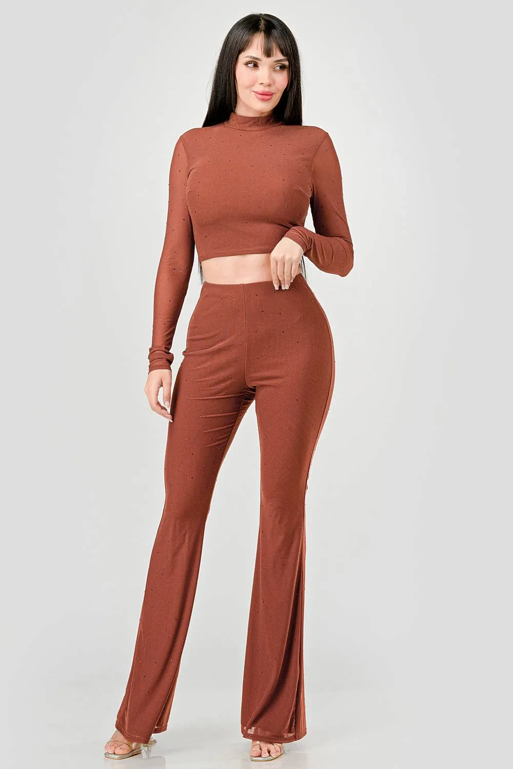 HOTFIX STONES MESH MOCK CROP TOP & PANTS SET