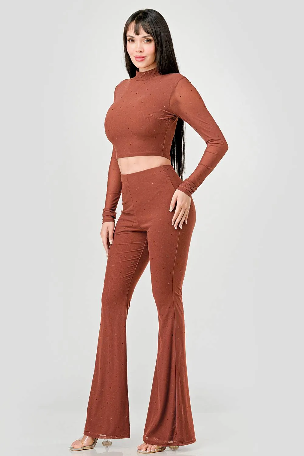 HOTFIX STONES MESH MOCK CROP TOP & PANTS SET