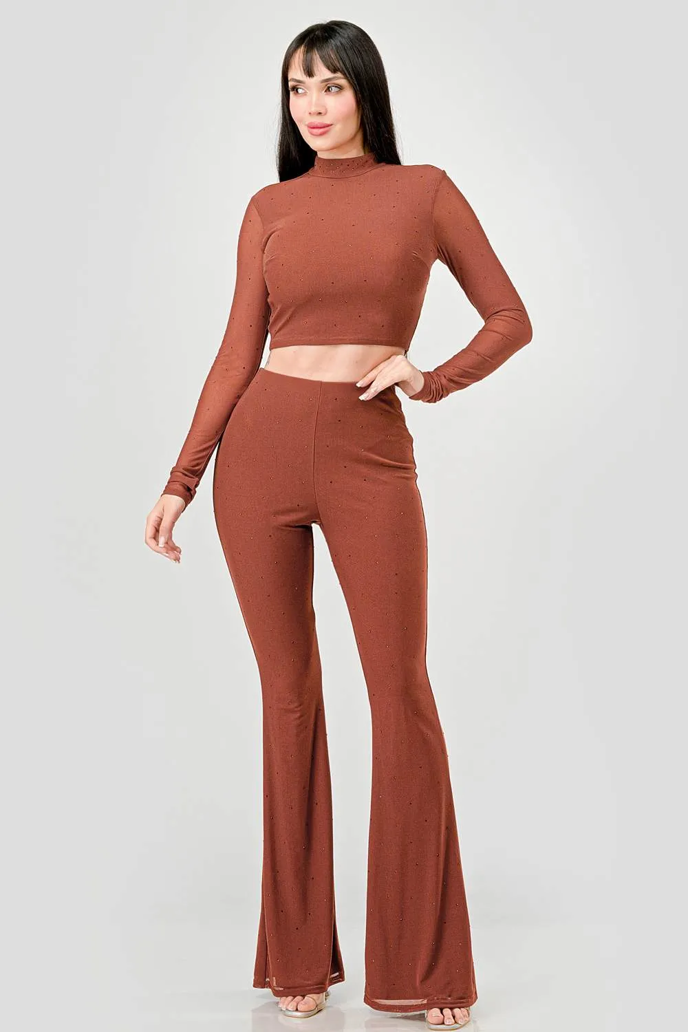 HOTFIX STONES MESH MOCK CROP TOP & PANTS SET