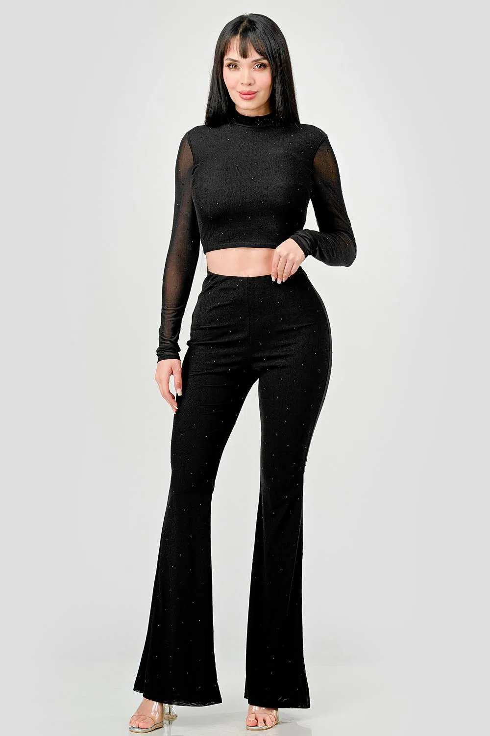 HOTFIX STONES MESH MOCK CROP TOP & PANTS SET