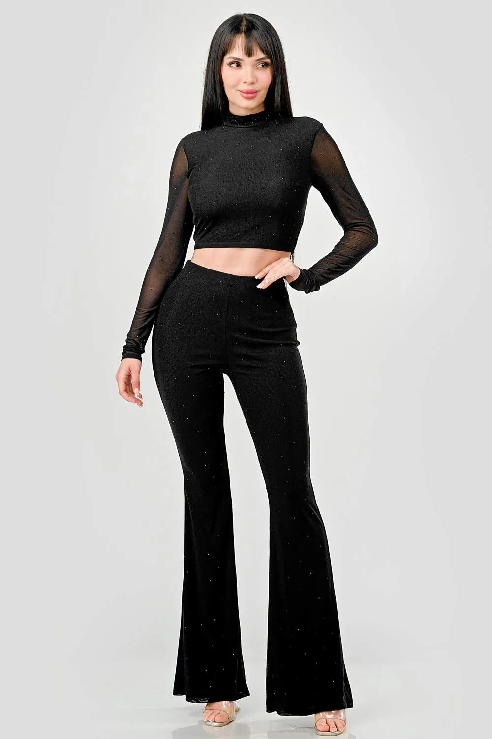HOTFIX STONES MESH MOCK CROP TOP & PANTS SET