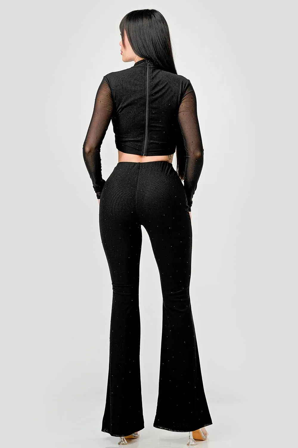 HOTFIX STONES MESH MOCK CROP TOP & PANTS SET