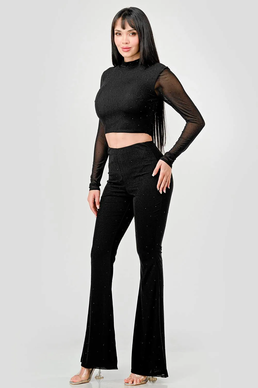 HOTFIX STONES MESH MOCK CROP TOP & PANTS SET