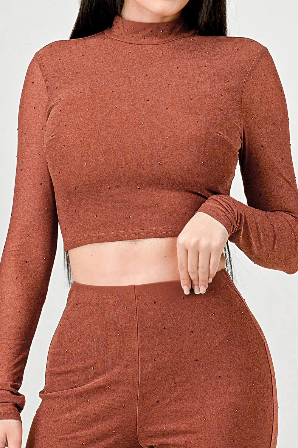 HOTFIX STONES MESH MOCK CROP TOP & PANTS SET