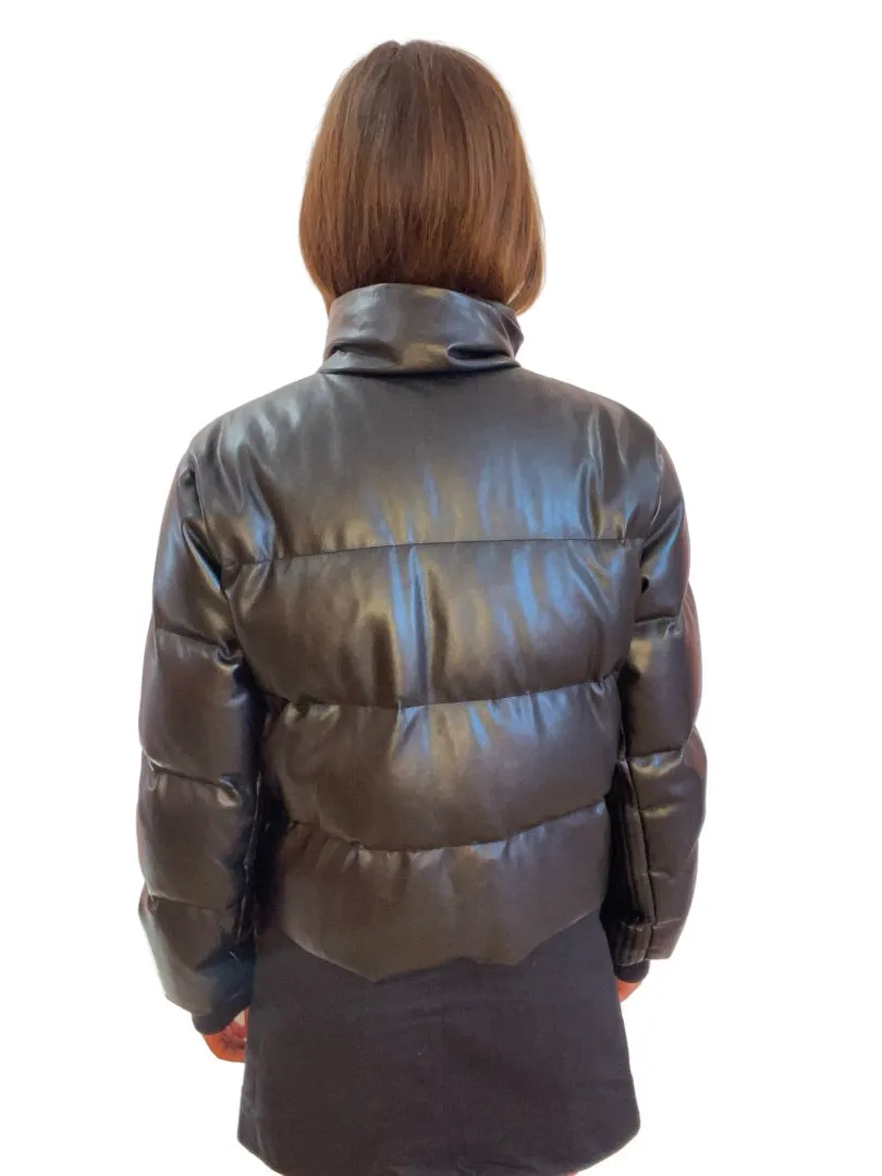 Husk Black Pleather Puffer Jacket. Size: S
