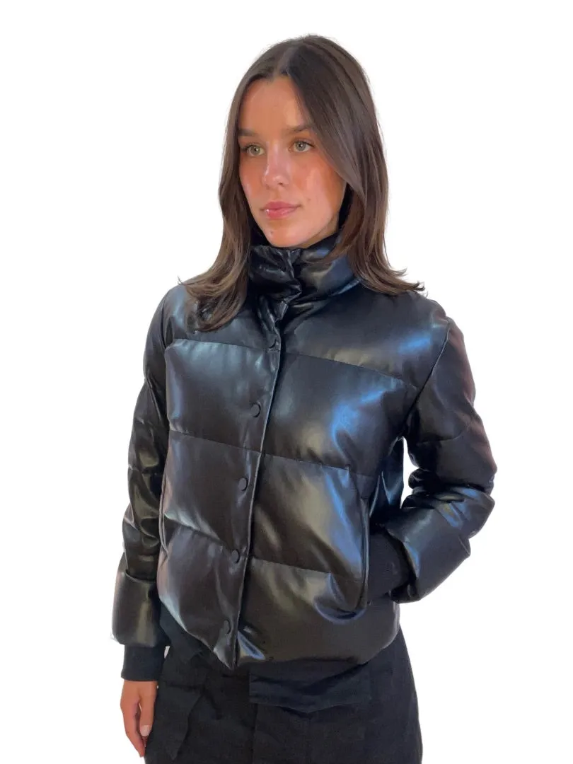 Husk Black Pleather Puffer Jacket. Size: S