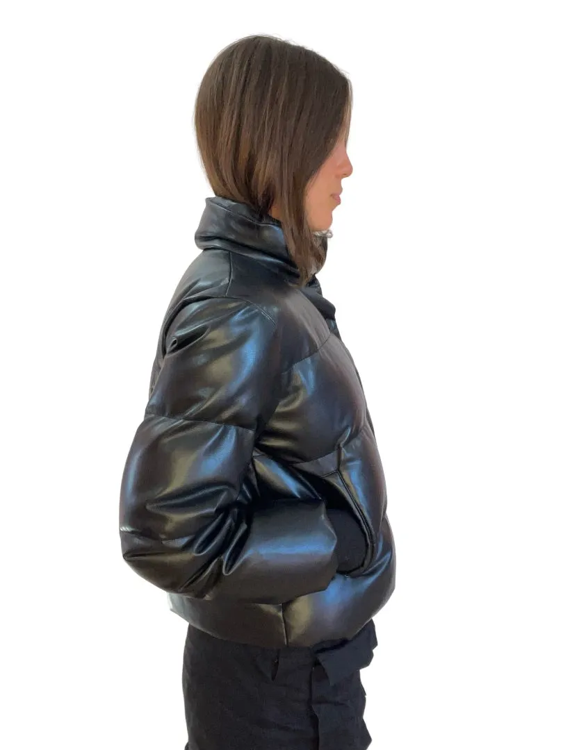 Husk Black Pleather Puffer Jacket. Size: S